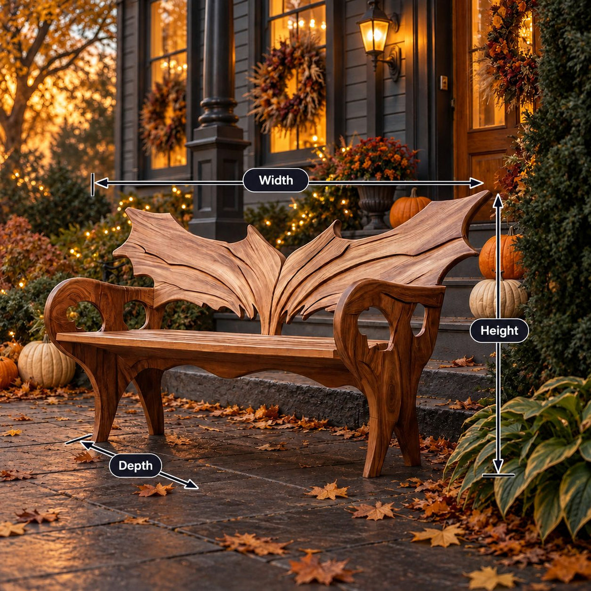 Wing Back Scroll Arm Bench, Carved Solid Wood Porch Bench with Pierced Arm Panels and Curved Legs