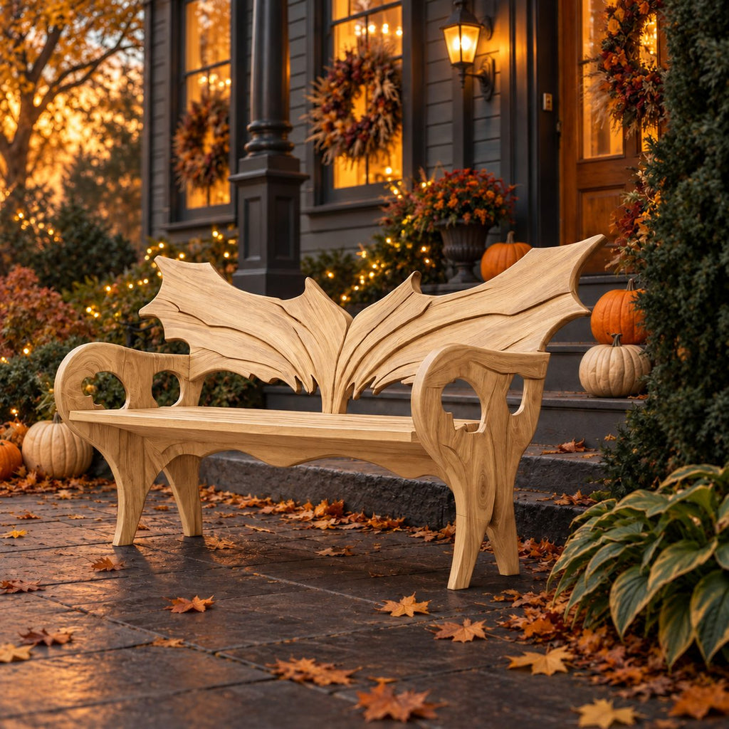Wing Back Scroll Arm Bench, Carved Solid Wood Porch Bench with Pierced Arm Panels and Curved Legs