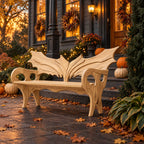 Wing Back Scroll Arm Bench, Carved Solid Wood Porch Bench with Pierced Arm Panels and Curved Legs