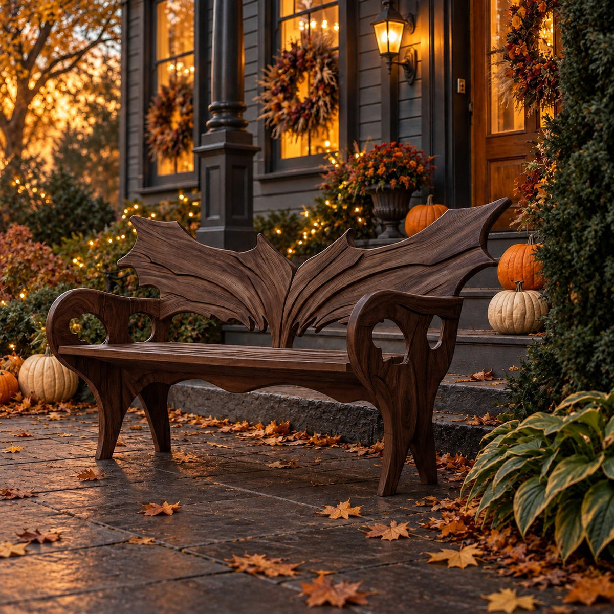 Wing Back Scroll Arm Bench, Carved Solid Wood Porch Bench with Pierced Arm Panels and Curved Legs