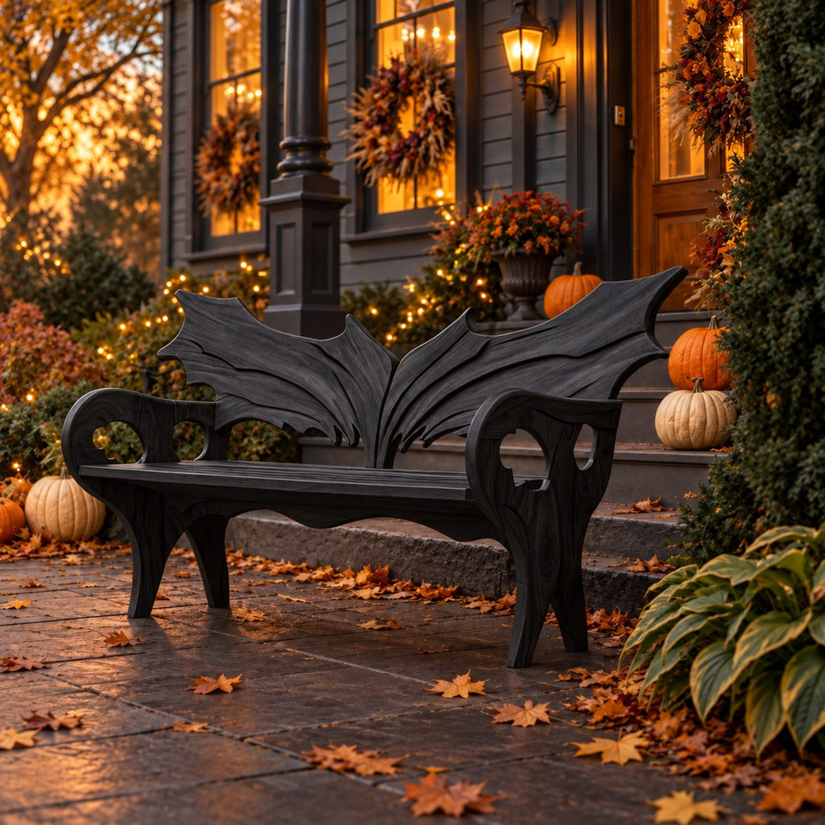 Wing Back Scroll Arm Bench, Carved Solid Wood Porch Bench with Pierced Arm Panels and Curved Legs