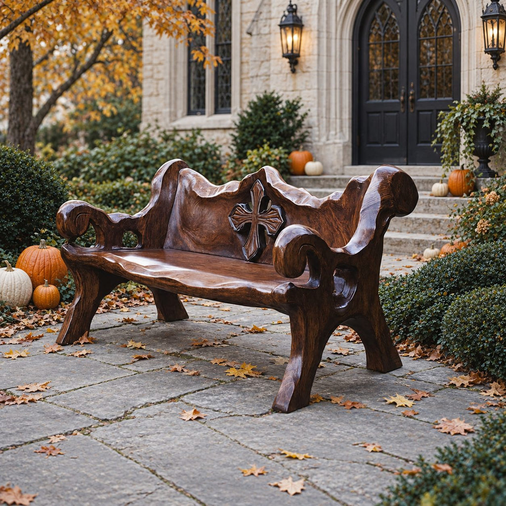 Chunky Medallion Back Bench, Hand Carved Solid Wood Garden Bench with Cross Cut Detail and Roll Arms