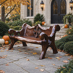 Chunky Medallion Back Bench, Hand Carved Solid Wood Garden Bench with Cross Cut Detail and Roll Arms