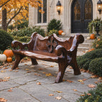 Chunky Medallion Back Bench, Hand Carved Solid Wood Garden Bench with Cross Cut Detail and Roll Arms