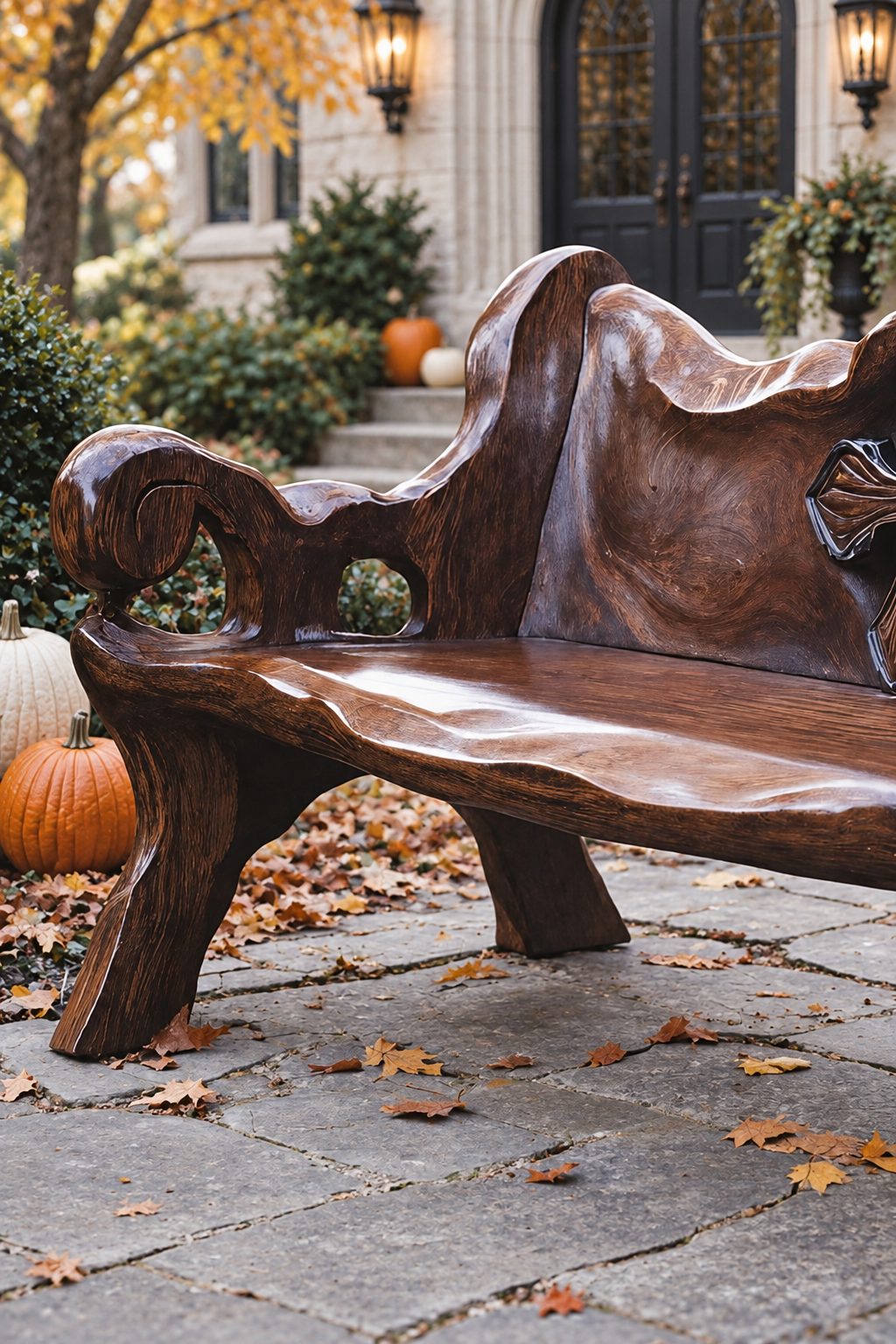 Chunky Medallion Back Bench, Hand Carved Solid Wood Garden Bench with Cross Cut Detail and Roll Arms