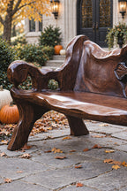 Chunky Medallion Back Bench, Hand Carved Solid Wood Garden Bench with Cross Cut Detail and Roll Arms