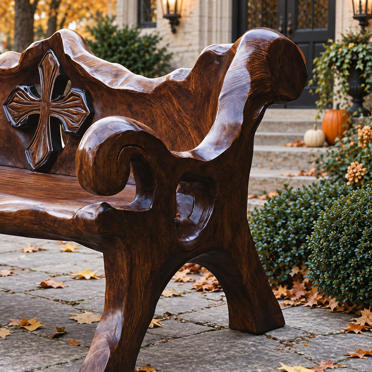 Chunky Medallion Back Bench, Hand Carved Solid Wood Garden Bench with Cross Cut Detail and Roll Arms