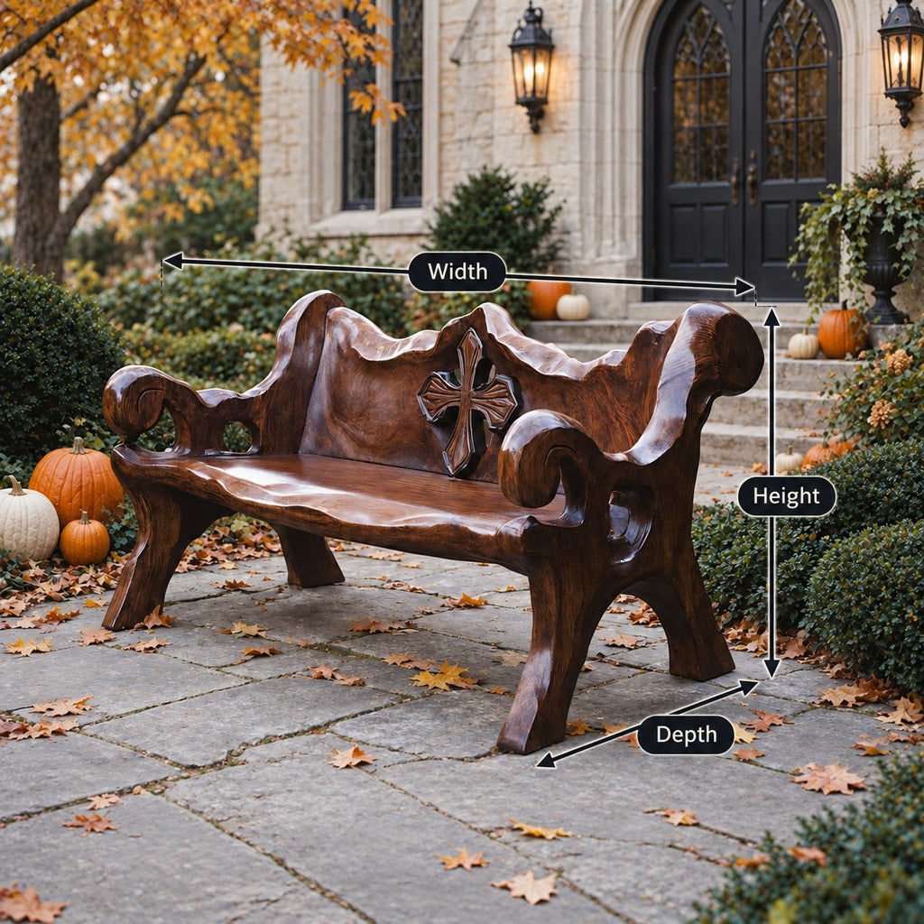Chunky Medallion Back Bench, Hand Carved Solid Wood Garden Bench with Cross Cut Detail and Roll Arms