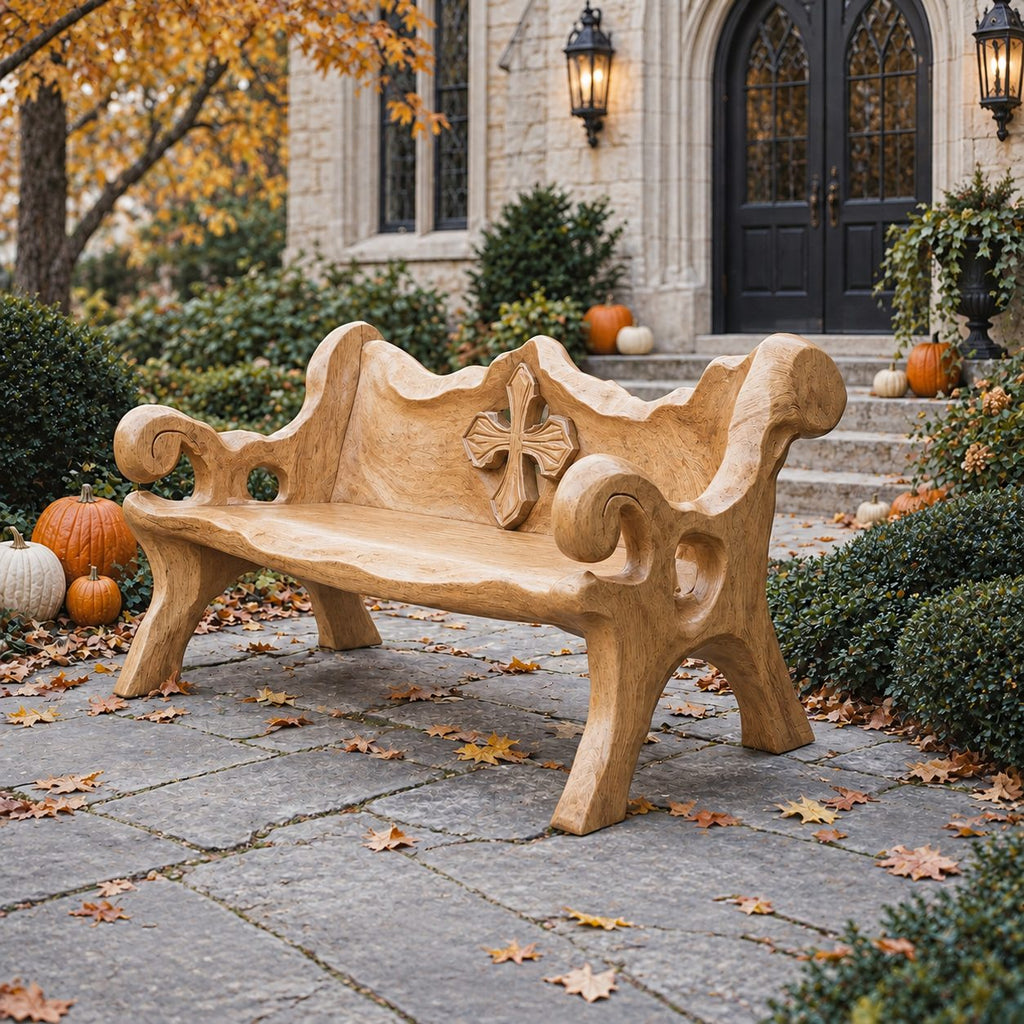 Chunky Medallion Back Bench, Hand Carved Solid Wood Garden Bench with Cross Cut Detail and Roll Arms