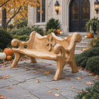 Chunky Medallion Back Bench, Hand Carved Solid Wood Garden Bench with Cross Cut Detail and Roll Arms