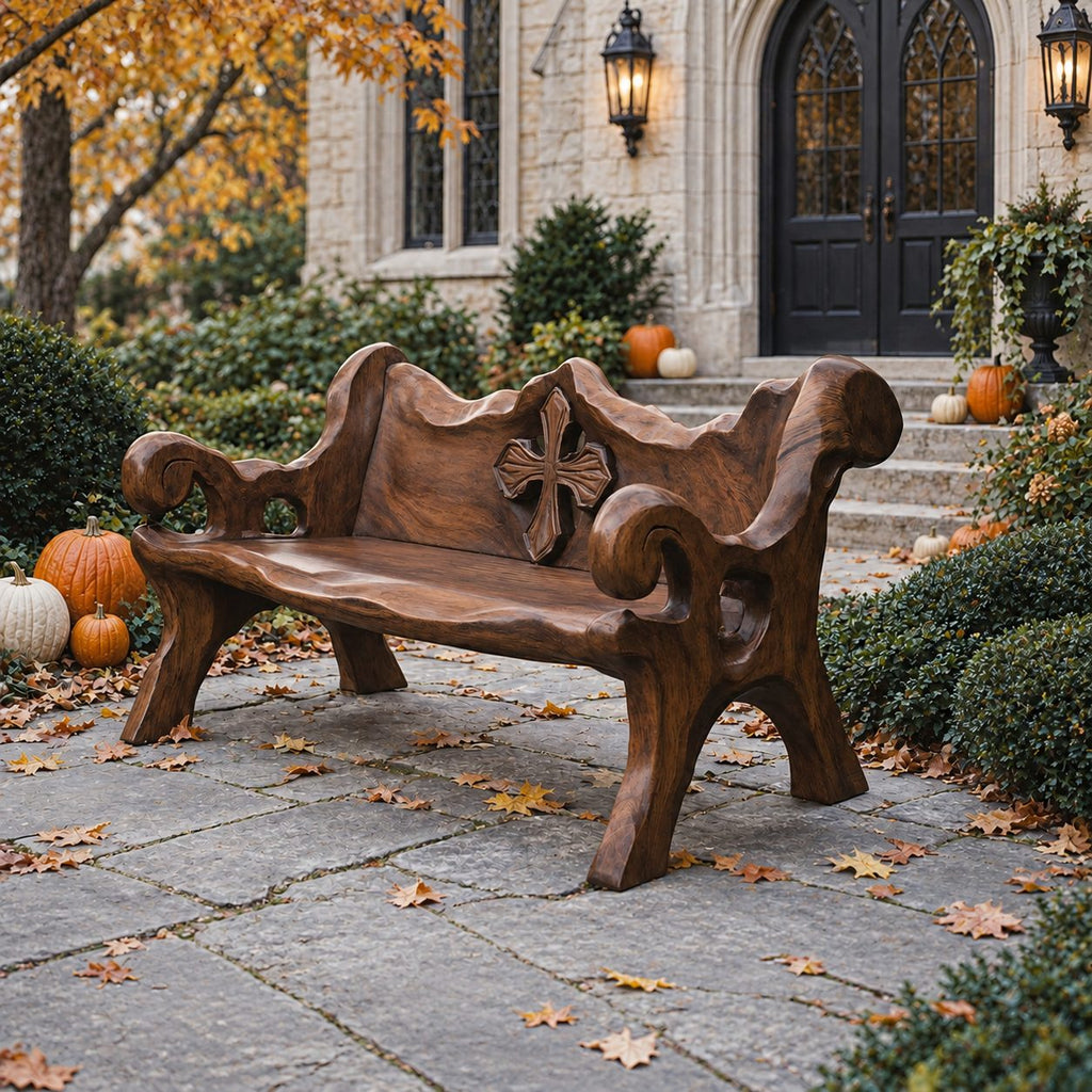 Chunky Medallion Back Bench, Hand Carved Solid Wood Garden Bench with Cross Cut Detail and Roll Arms