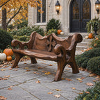 Chunky Medallion Back Bench, Hand Carved Solid Wood Garden Bench with Cross Cut Detail and Roll Arms