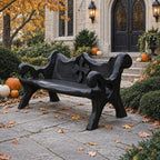 Chunky Medallion Back Bench, Hand Carved Solid Wood Garden Bench with Cross Cut Detail and Roll Arms