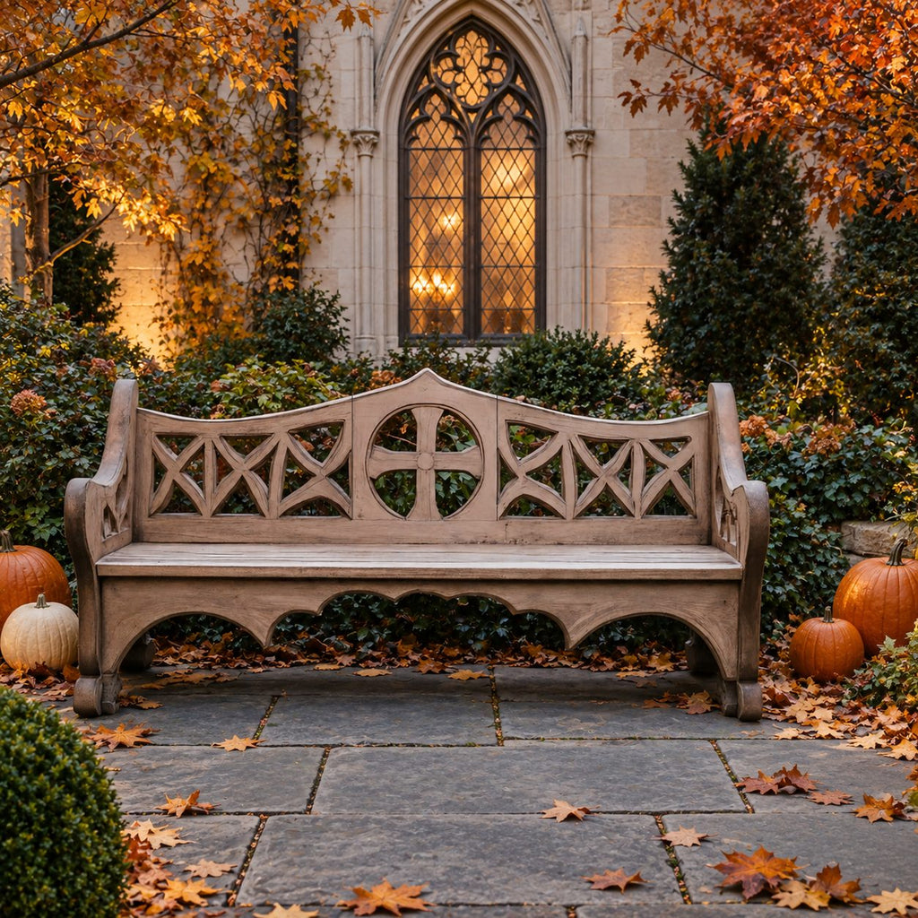 X Lattice Fretwork Back Bench, Solid Wood Courtyard Bench with Round Center Medallion and Scalloped Apron