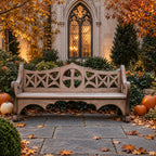 X Lattice Fretwork Back Bench, Solid Wood Courtyard Bench with Round Center Medallion and Scalloped Apron