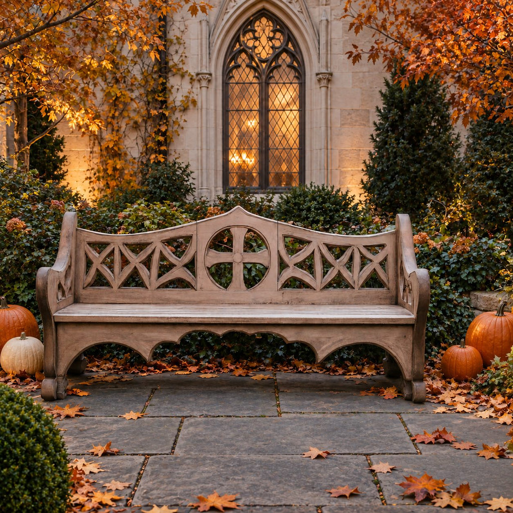 X Lattice Fretwork Back Bench, Solid Wood Courtyard Bench with Round Center Medallion and Scalloped Apron