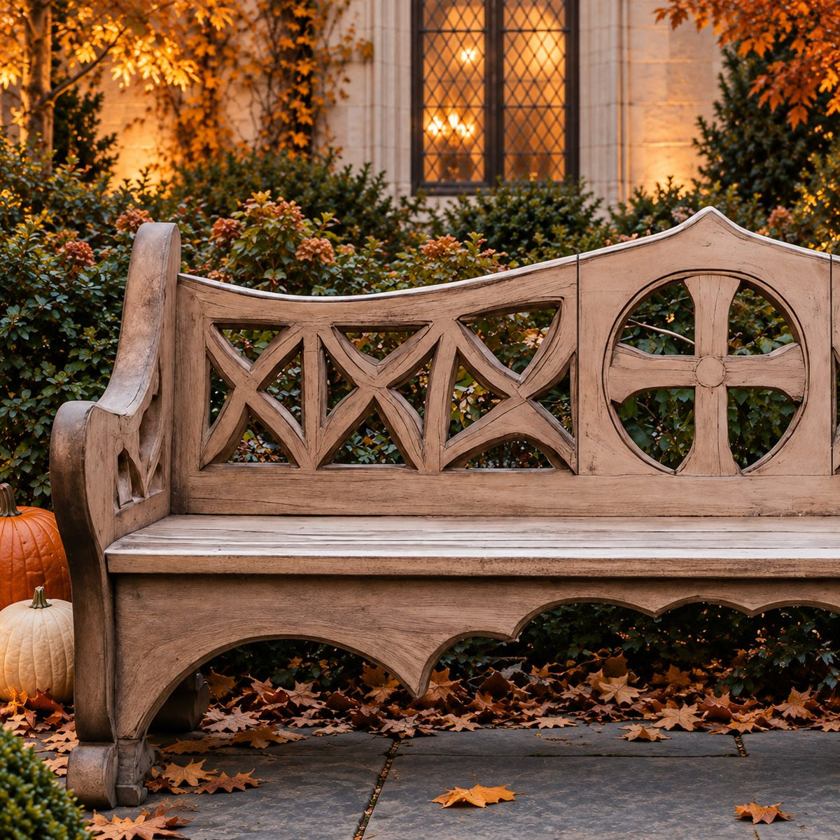 X Lattice Fretwork Back Bench, Solid Wood Courtyard Bench with Round Center Medallion and Scalloped Apron