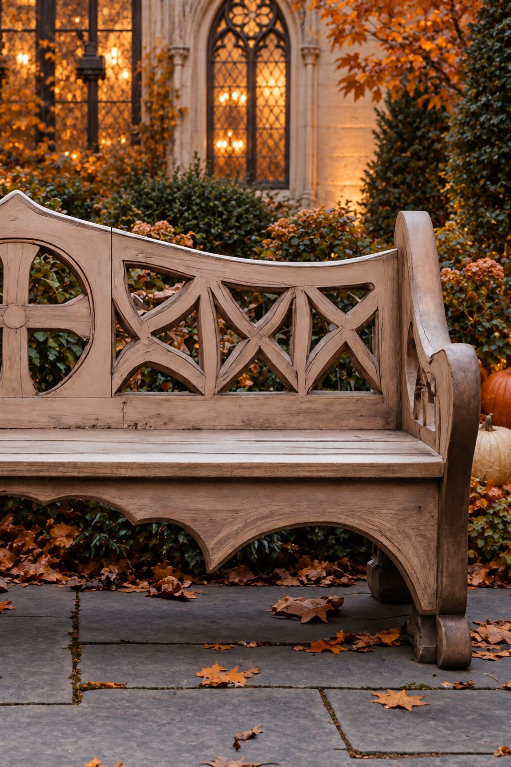 X Lattice Fretwork Back Bench, Solid Wood Courtyard Bench with Round Center Medallion and Scalloped Apron