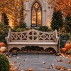 X Lattice Fretwork Back Bench, Solid Wood Courtyard Bench with Round Center Medallion and Scalloped Apron