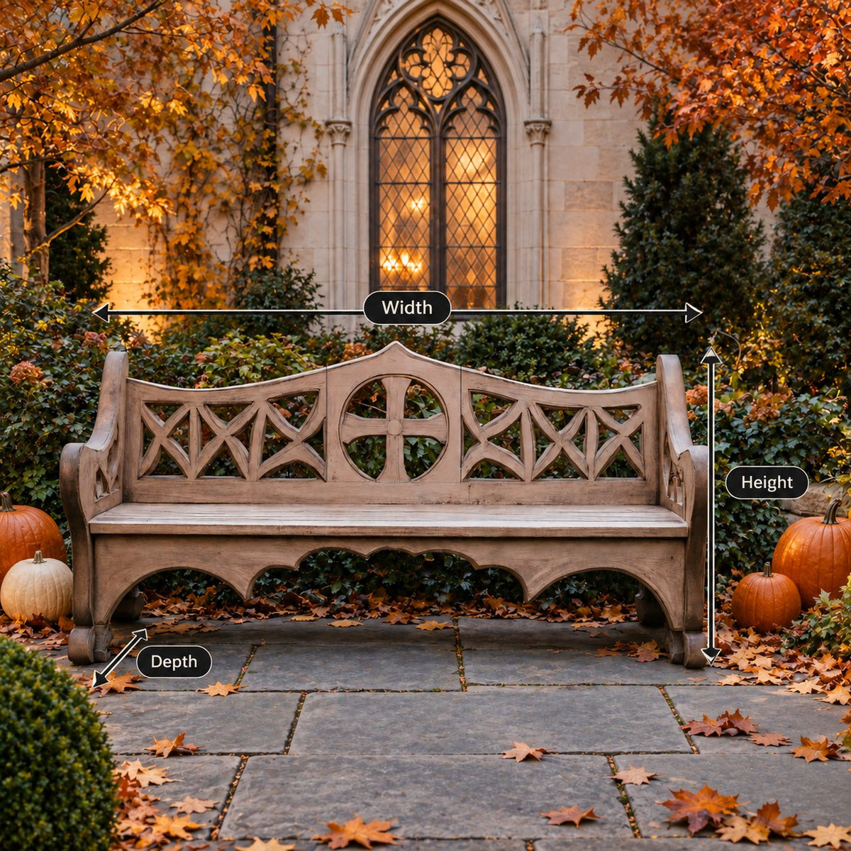 X Lattice Fretwork Back Bench, Solid Wood Courtyard Bench with Round Center Medallion and Scalloped Apron
