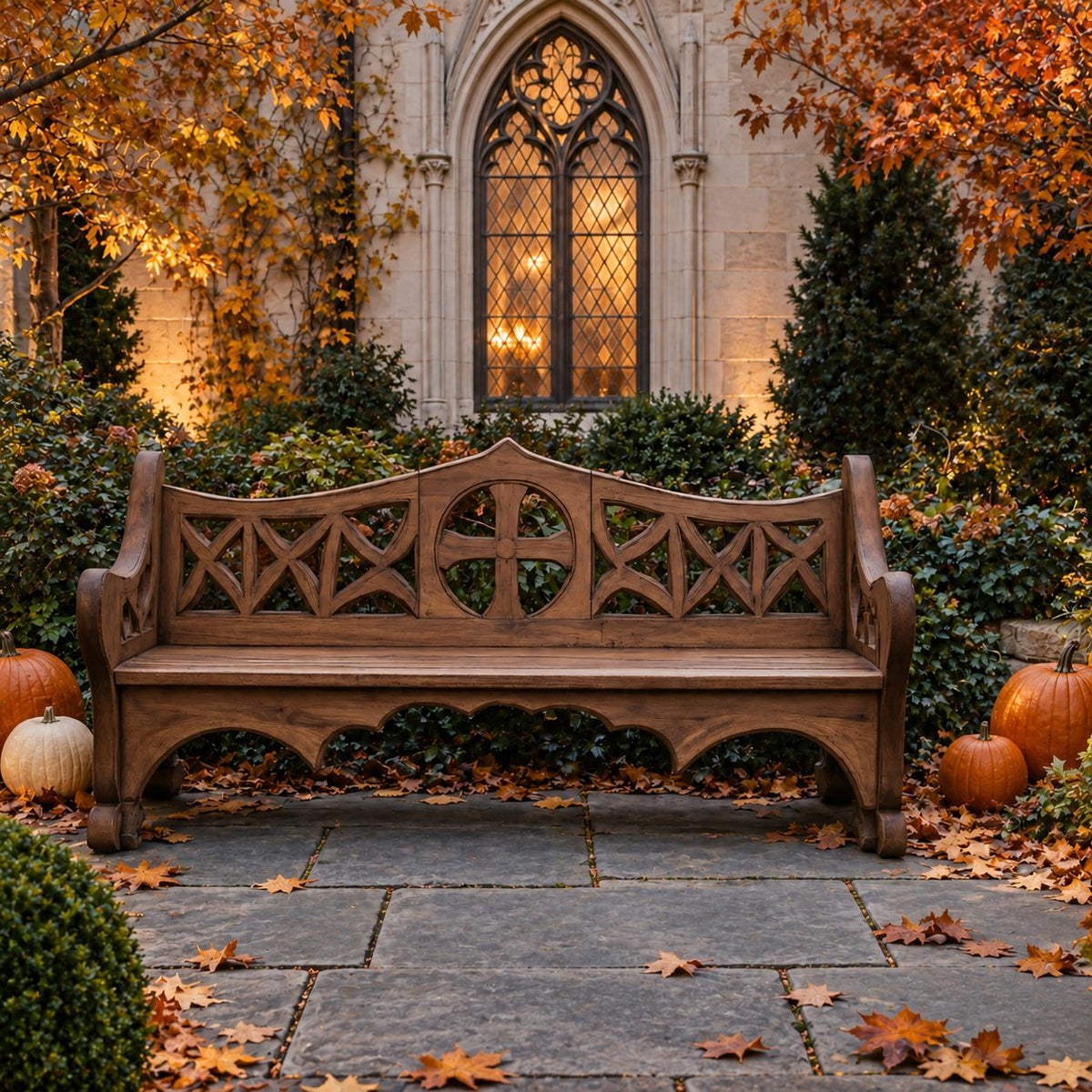 X Lattice Fretwork Back Bench, Solid Wood Courtyard Bench with Round Center Medallion and Scalloped Apron