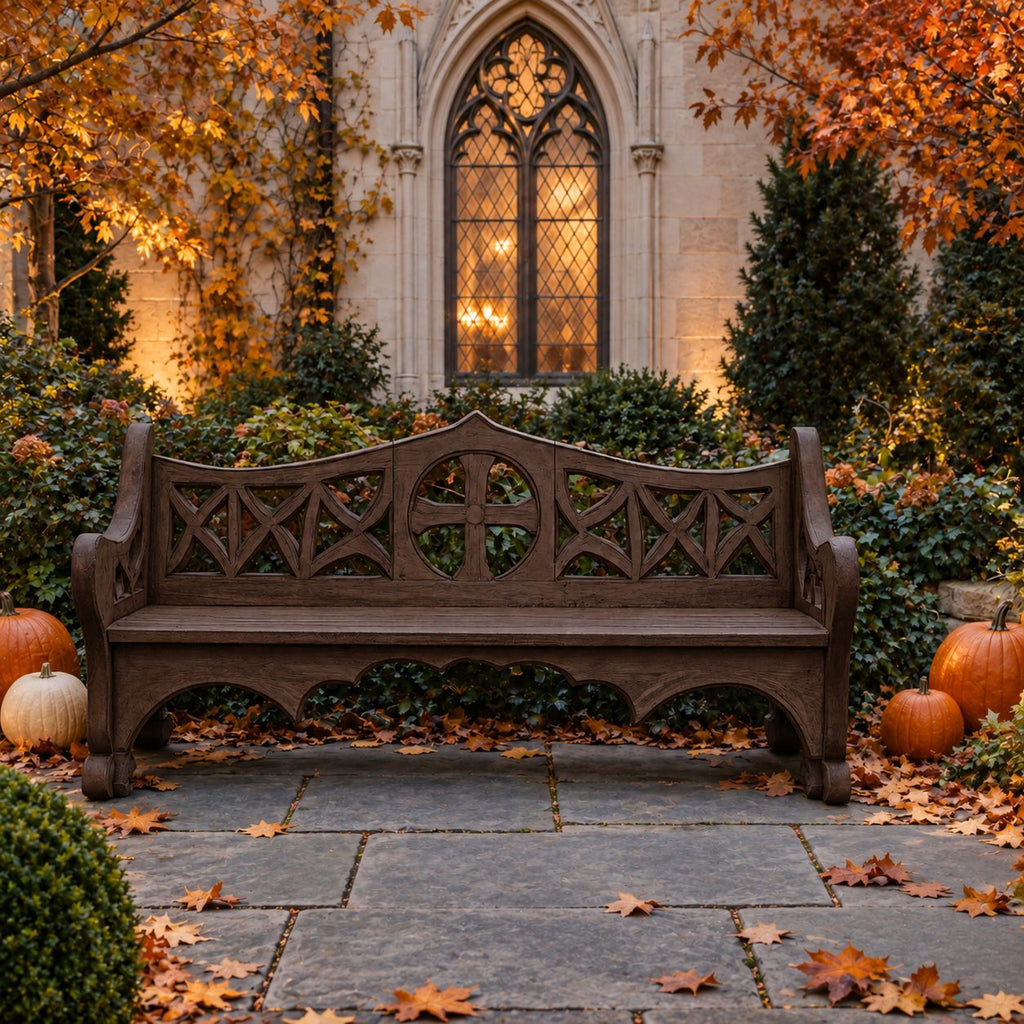 X Lattice Fretwork Back Bench, Solid Wood Courtyard Bench with Round Center Medallion and Scalloped Apron