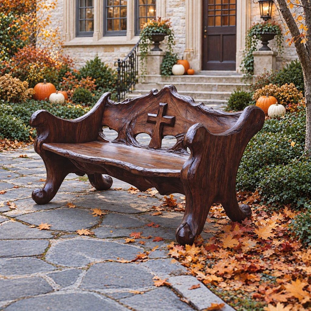 Scroll Foot Carved Back Bench, Rustic Solid Wood Garden Bench with Raised Cross Cut Panel and Rolled Ends
