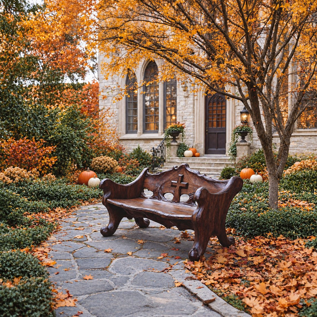 Scroll Foot Carved Back Bench, Rustic Solid Wood Garden Bench with Raised Cross Cut Panel and Rolled Ends