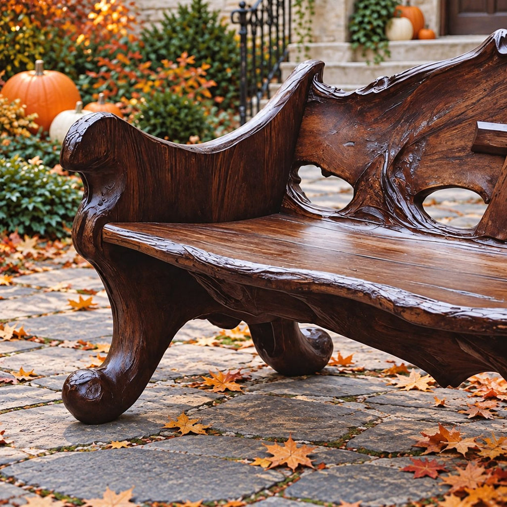 Scroll Foot Carved Back Bench, Rustic Solid Wood Garden Bench with Raised Cross Cut Panel and Rolled Ends