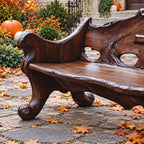 Scroll Foot Carved Back Bench, Rustic Solid Wood Garden Bench with Raised Cross Cut Panel and Rolled Ends