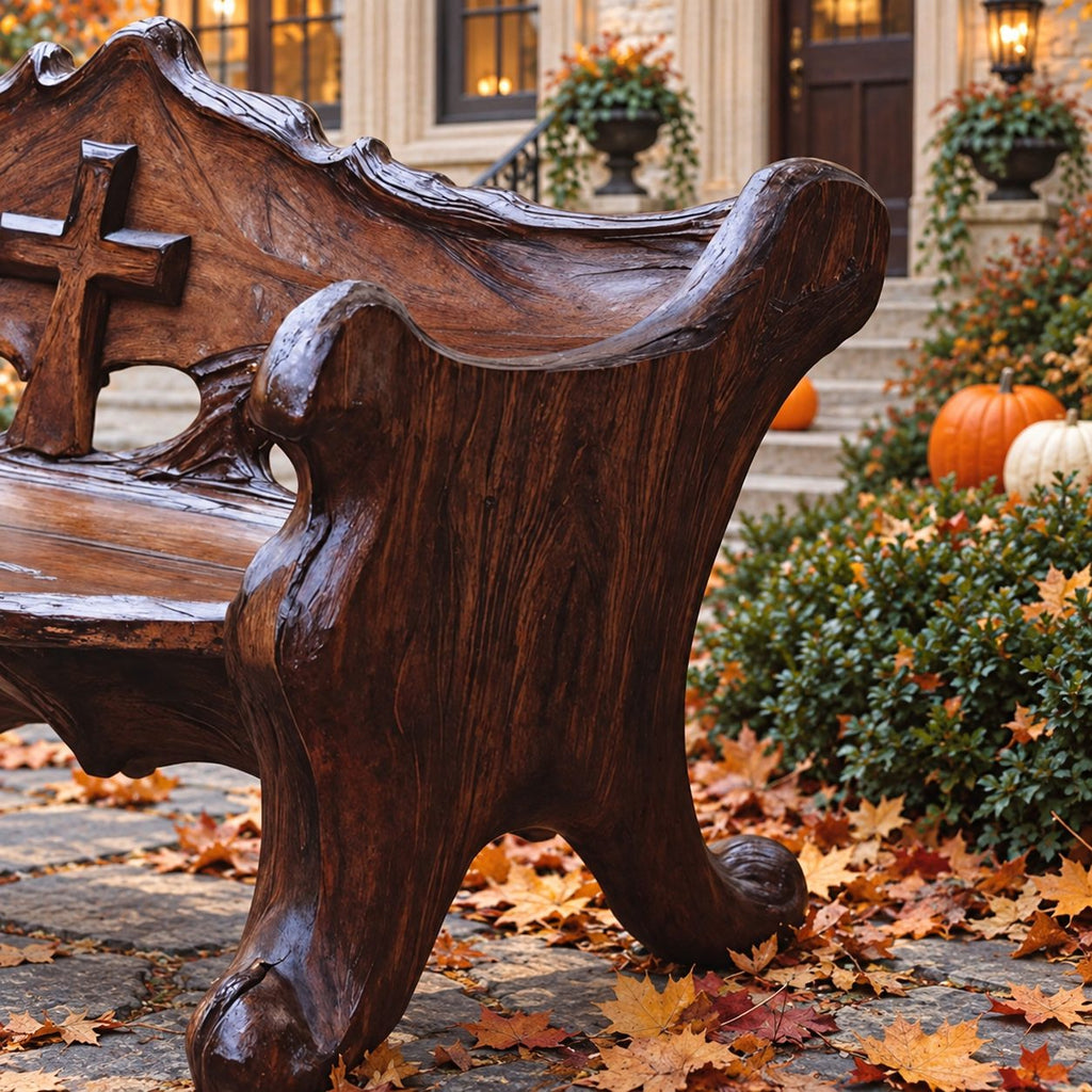 Scroll Foot Carved Back Bench, Rustic Solid Wood Garden Bench with Raised Cross Cut Panel and Rolled Ends