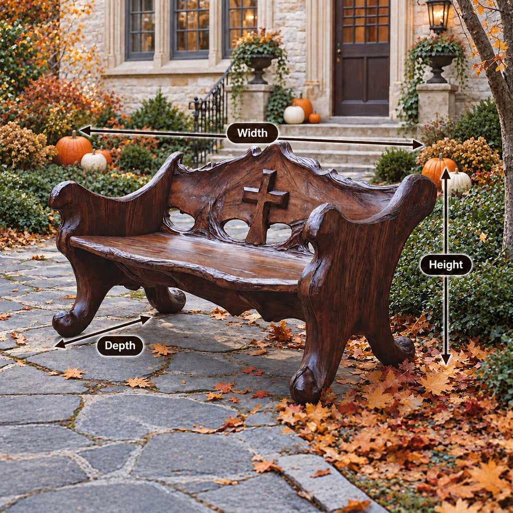 Scroll Foot Carved Back Bench, Rustic Solid Wood Garden Bench with Raised Cross Cut Panel and Rolled Ends