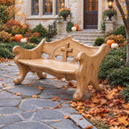 Scroll Foot Carved Back Bench, Rustic Solid Wood Garden Bench with Raised Cross Cut Panel and Rolled Ends
