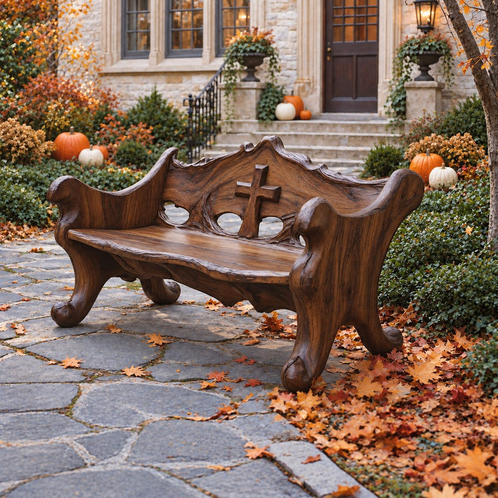 Scroll Foot Carved Back Bench, Rustic Solid Wood Garden Bench with Raised Cross Cut Panel and Rolled Ends