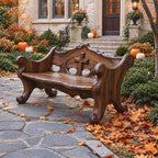 Scroll Foot Carved Back Bench, Rustic Solid Wood Garden Bench with Raised Cross Cut Panel and Rolled Ends