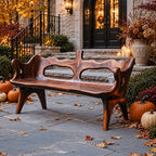Wavy Top Rail Slab Bench, Solid Wood Porch Bench with Twin Oval Backrest Openings and Splayed Legs