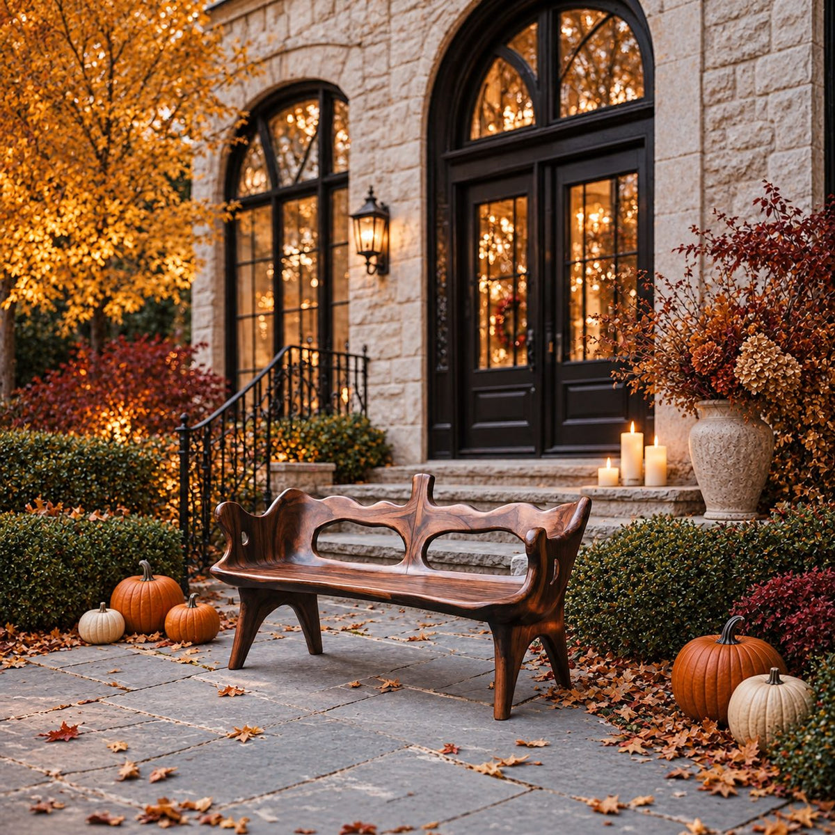 Wavy Top Rail Slab Bench, Solid Wood Porch Bench with Twin Oval Backrest Openings and Splayed Legs