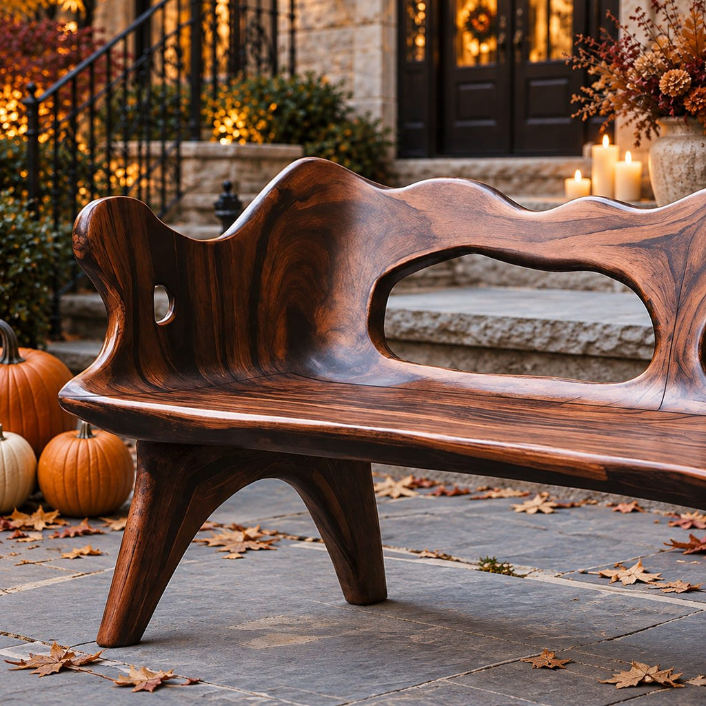 Wavy Top Rail Slab Bench, Solid Wood Porch Bench with Twin Oval Backrest Openings and Splayed Legs