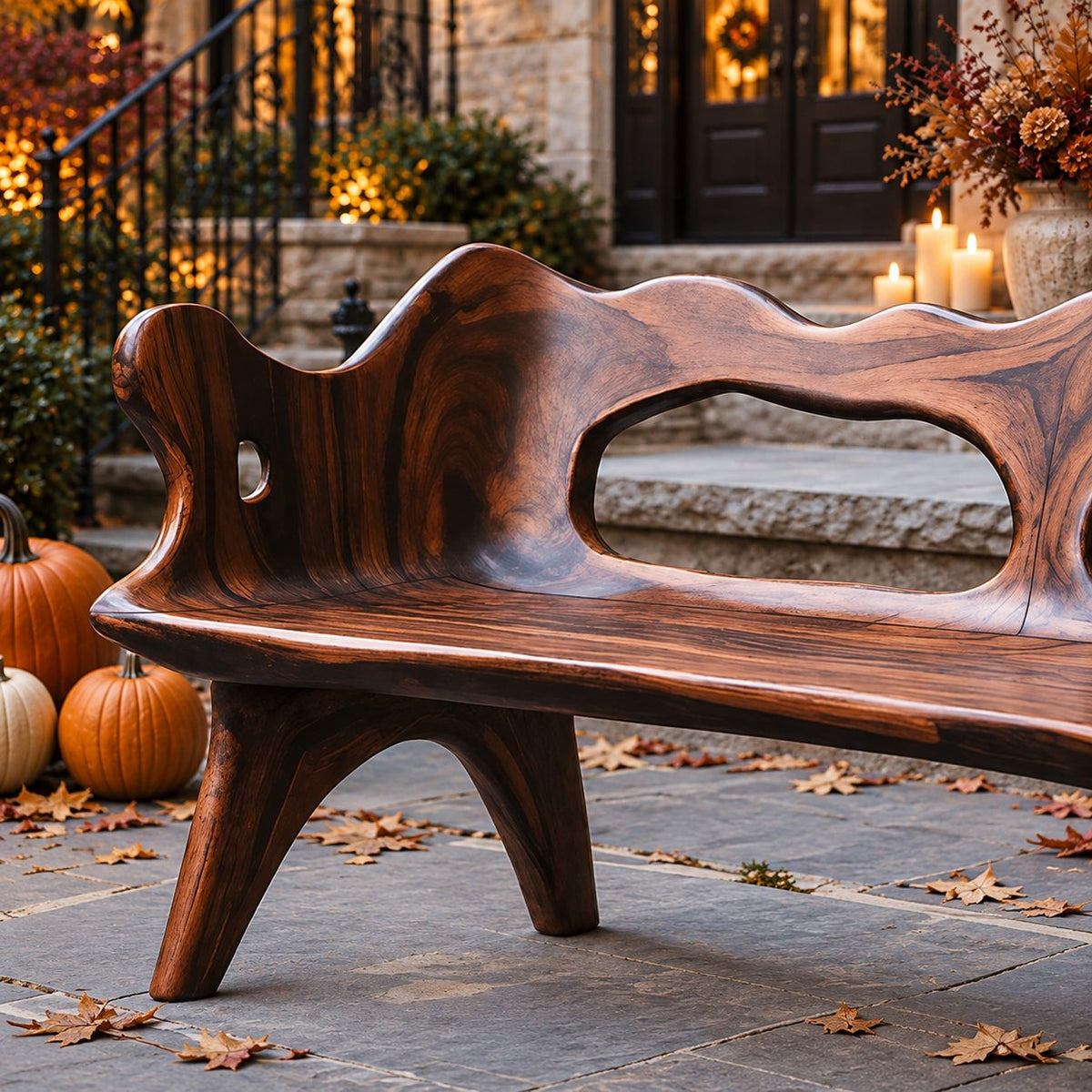 Wavy Top Rail Slab Bench, Solid Wood Porch Bench with Twin Oval Backrest Openings and Splayed Legs