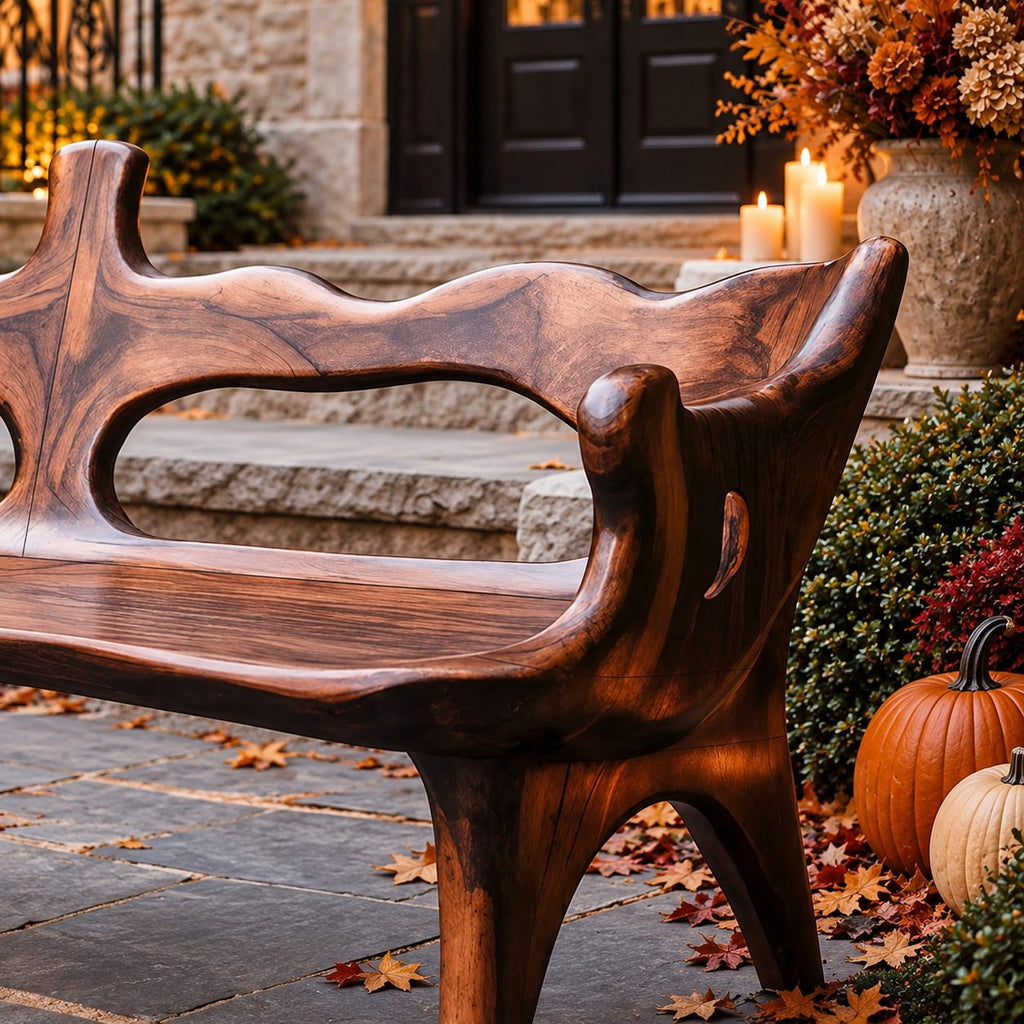 Wavy Top Rail Slab Bench, Solid Wood Porch Bench with Twin Oval Backrest Openings and Splayed Legs