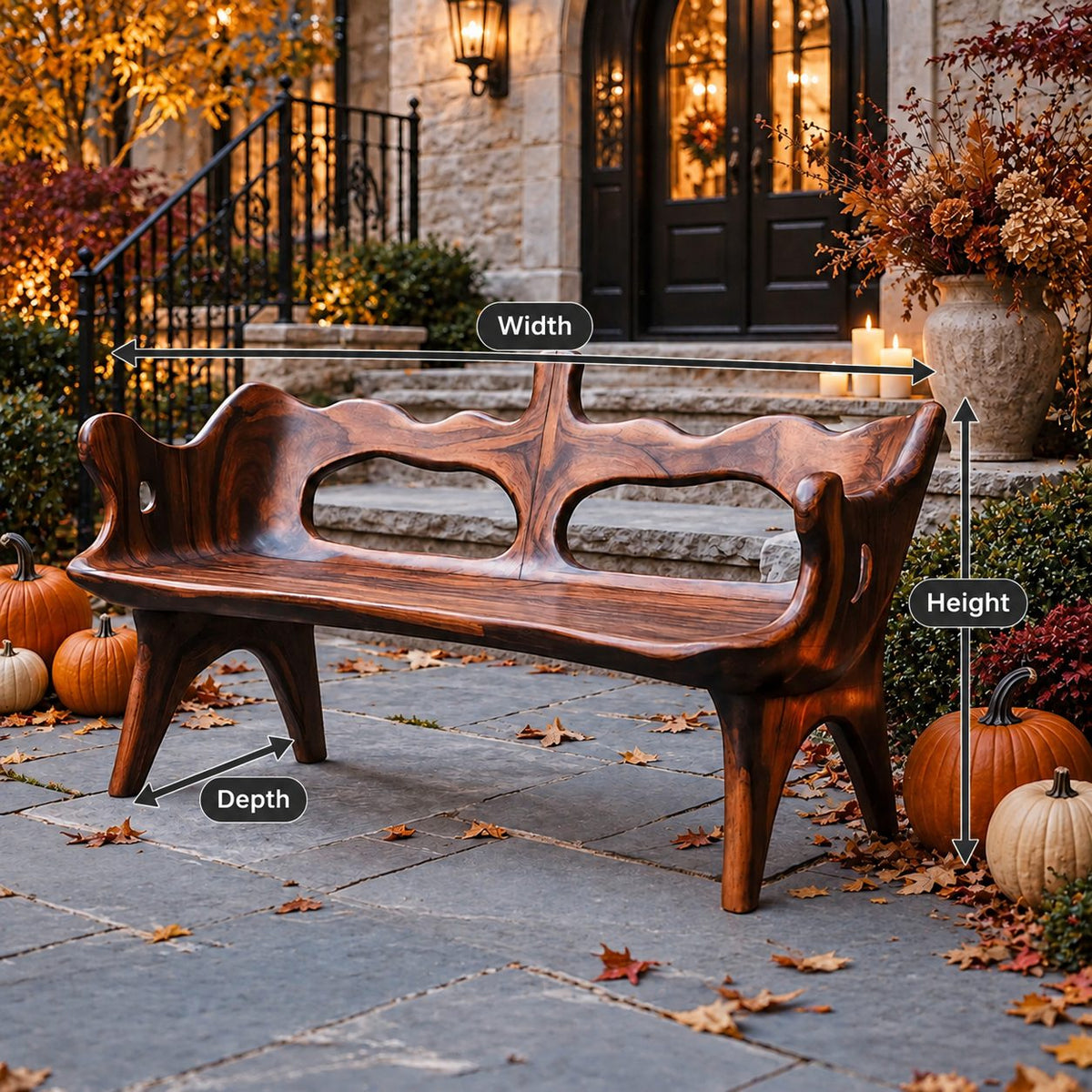 Wavy Top Rail Slab Bench, Solid Wood Porch Bench with Twin Oval Backrest Openings and Splayed Legs