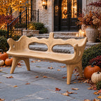 Wavy Top Rail Slab Bench, Solid Wood Porch Bench with Twin Oval Backrest Openings and Splayed Legs