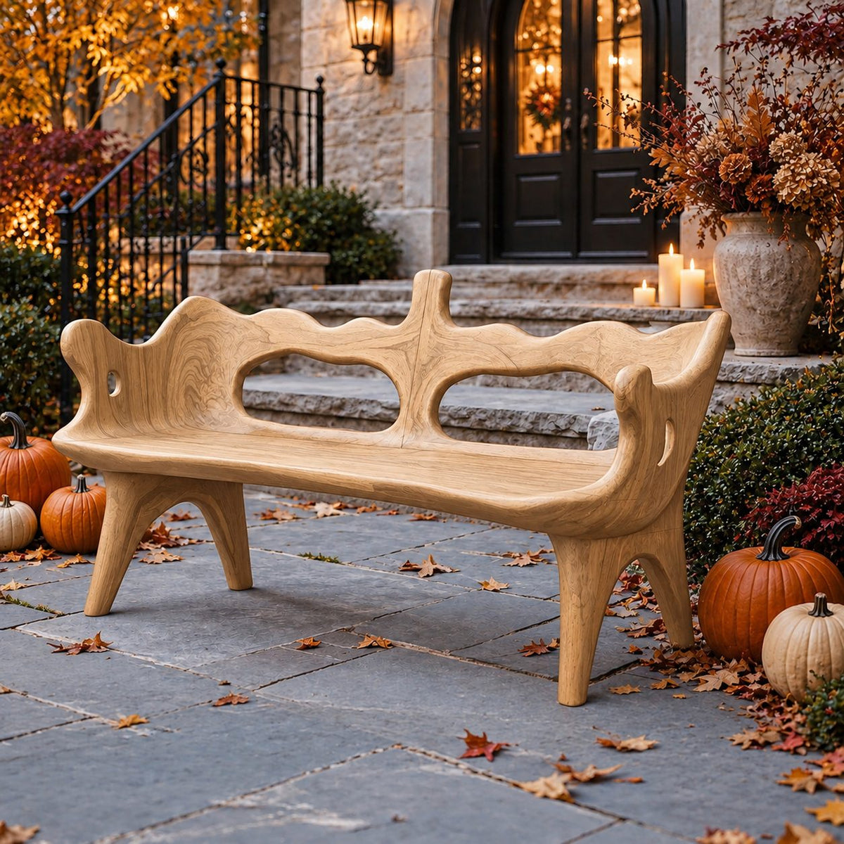 Wavy Top Rail Slab Bench, Solid Wood Porch Bench with Twin Oval Backrest Openings and Splayed Legs