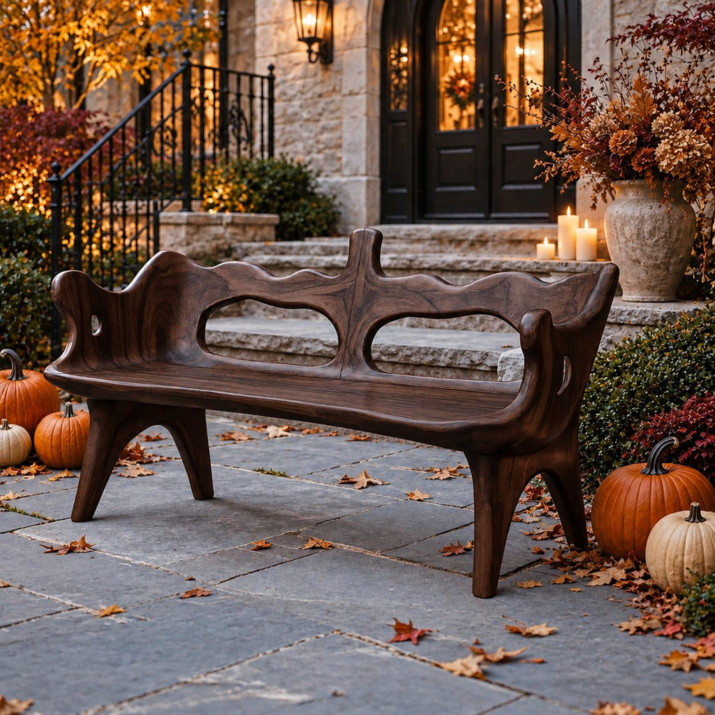 Wavy Top Rail Slab Bench, Solid Wood Porch Bench with Twin Oval Backrest Openings and Splayed Legs