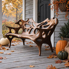 Porous Openwork Sculpted Bench, Organic Solid Wood Porch Bench with Flowing Arms and Slim Splayed Legs