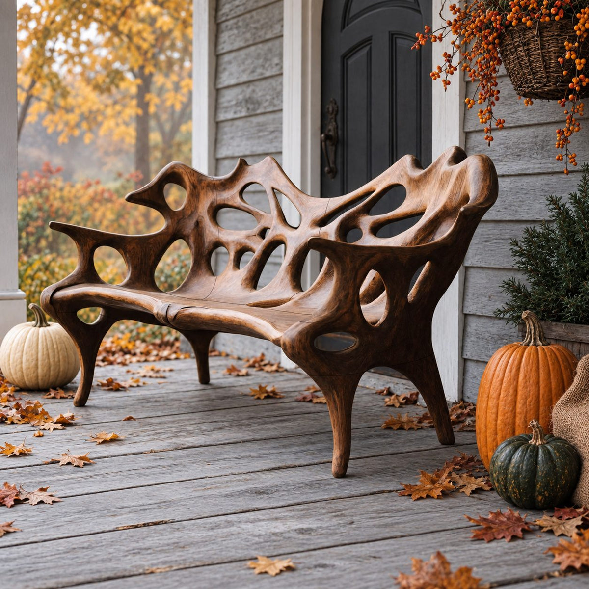 Porous Openwork Sculpted Bench, Organic Solid Wood Porch Bench with Flowing Arms and Slim Splayed Legs