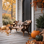 Porous Openwork Sculpted Bench, Organic Solid Wood Porch Bench with Flowing Arms and Slim Splayed Legs