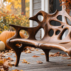 Porous Openwork Sculpted Bench, Organic Solid Wood Porch Bench with Flowing Arms and Slim Splayed Legs
