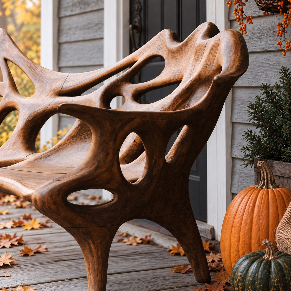 Porous Openwork Sculpted Bench, Organic Solid Wood Porch Bench with Flowing Arms and Slim Splayed Legs