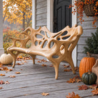 Porous Openwork Sculpted Bench, Organic Solid Wood Porch Bench with Flowing Arms and Slim Splayed Legs